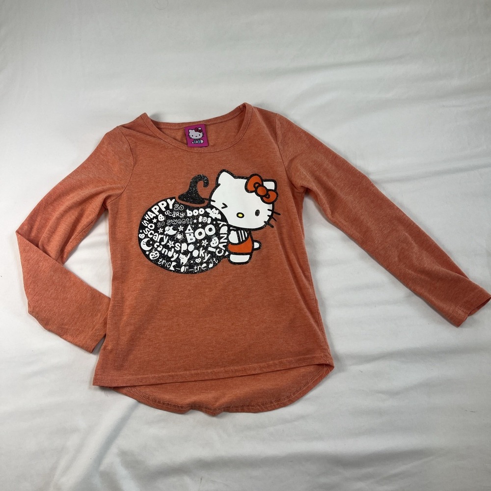Hello Kitty Girl's T-Shirt Orange Medium 7/8 Graphic Crew Neck‎ Long Sleeve Knit